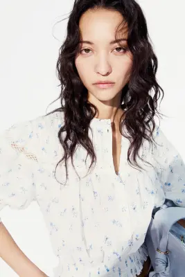 Blouse en coton avec plis nervure - Blanc/fleuri — photo 1