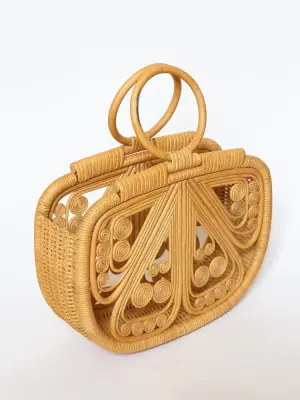 Sac panier en rotin tressé style seventies beige camel et poignées rondes — photo 5