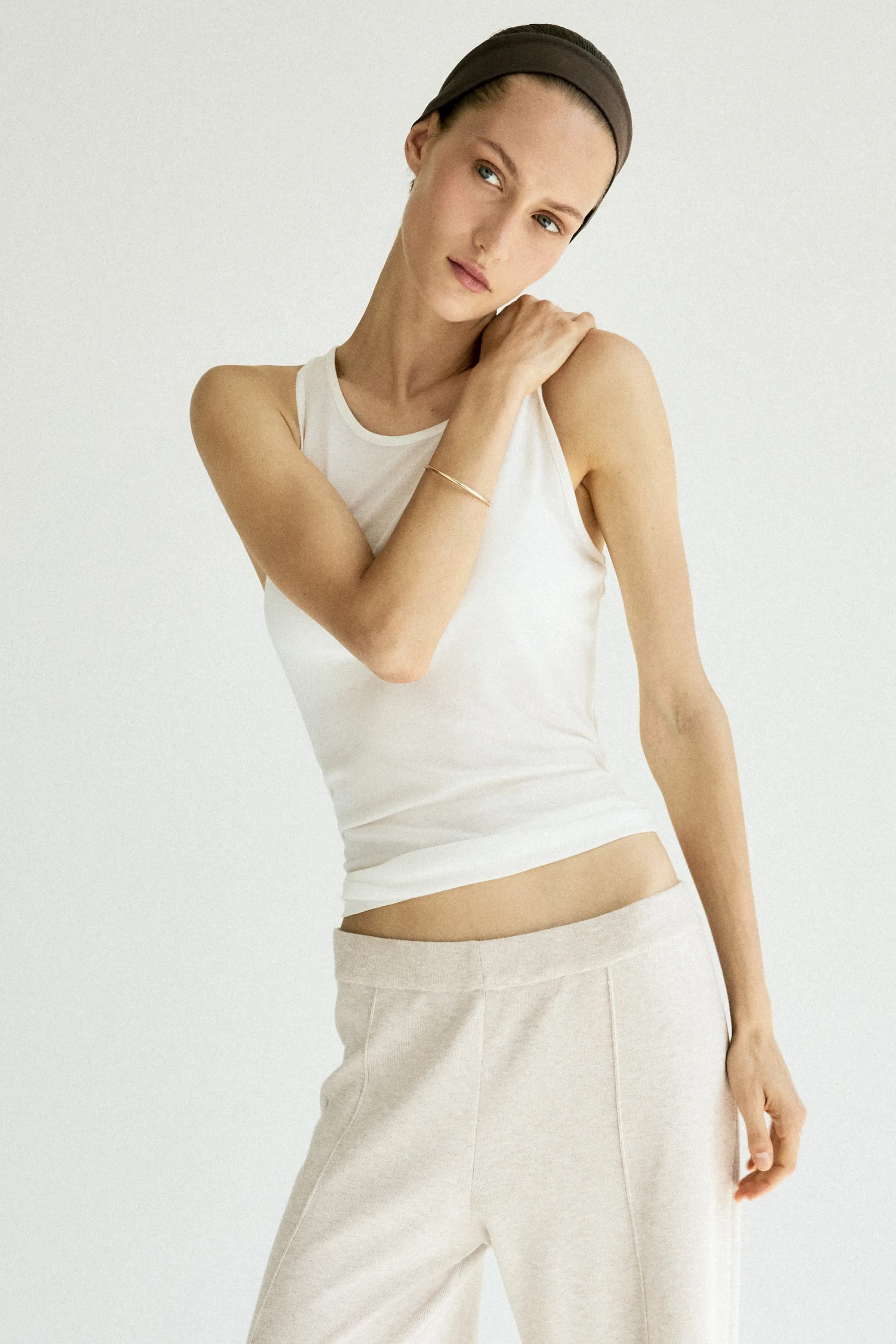 Pantalon large en maille fine - Beige clair chiné