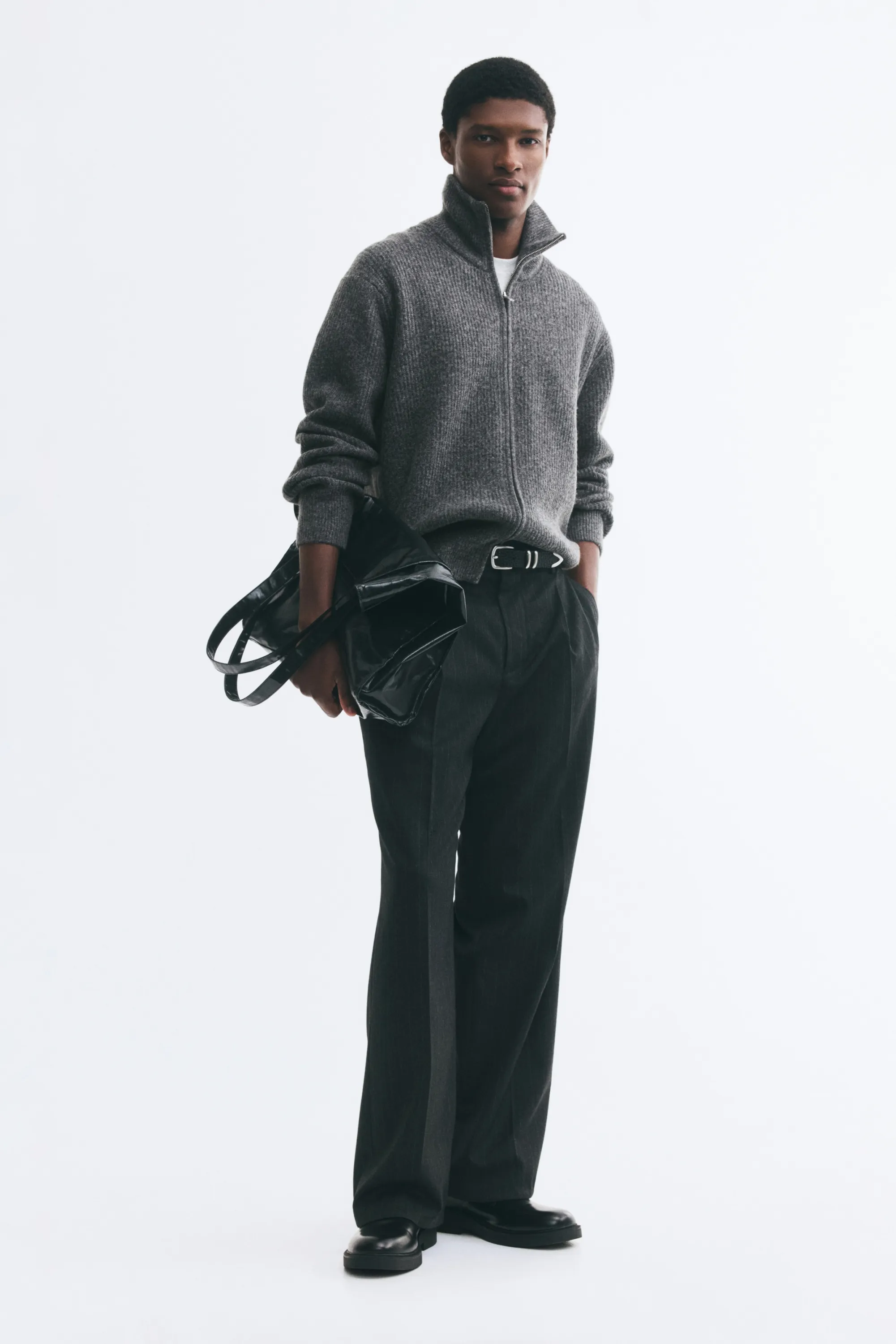 Gilet zippé Regular Fit en maille côtelée - Gris foncé chiné