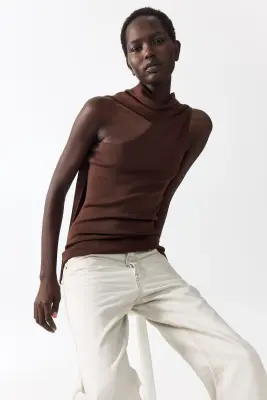 Top asymétrique avec détail façon écharpe - Marron foncé — photo 2