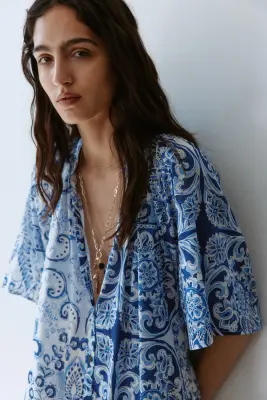 Robe chemise avec ceinture à nouer - Bleu/motif cachemire — photo 2