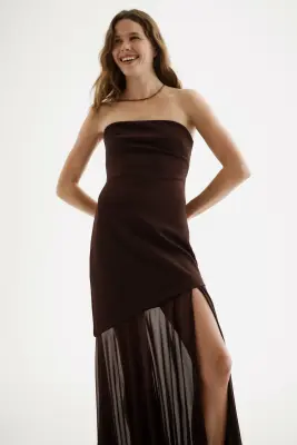 Robe bandeau bi-matière - Marron foncé — photo 1