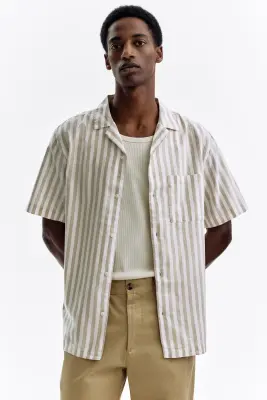 Chemise Regular Fit en lin mélangé - Beige/rayures blanches — photo 2