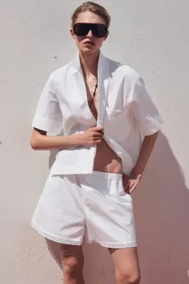 SHORT EN COTON BORDÉ DE DENTELLE - BLANC — photo 4