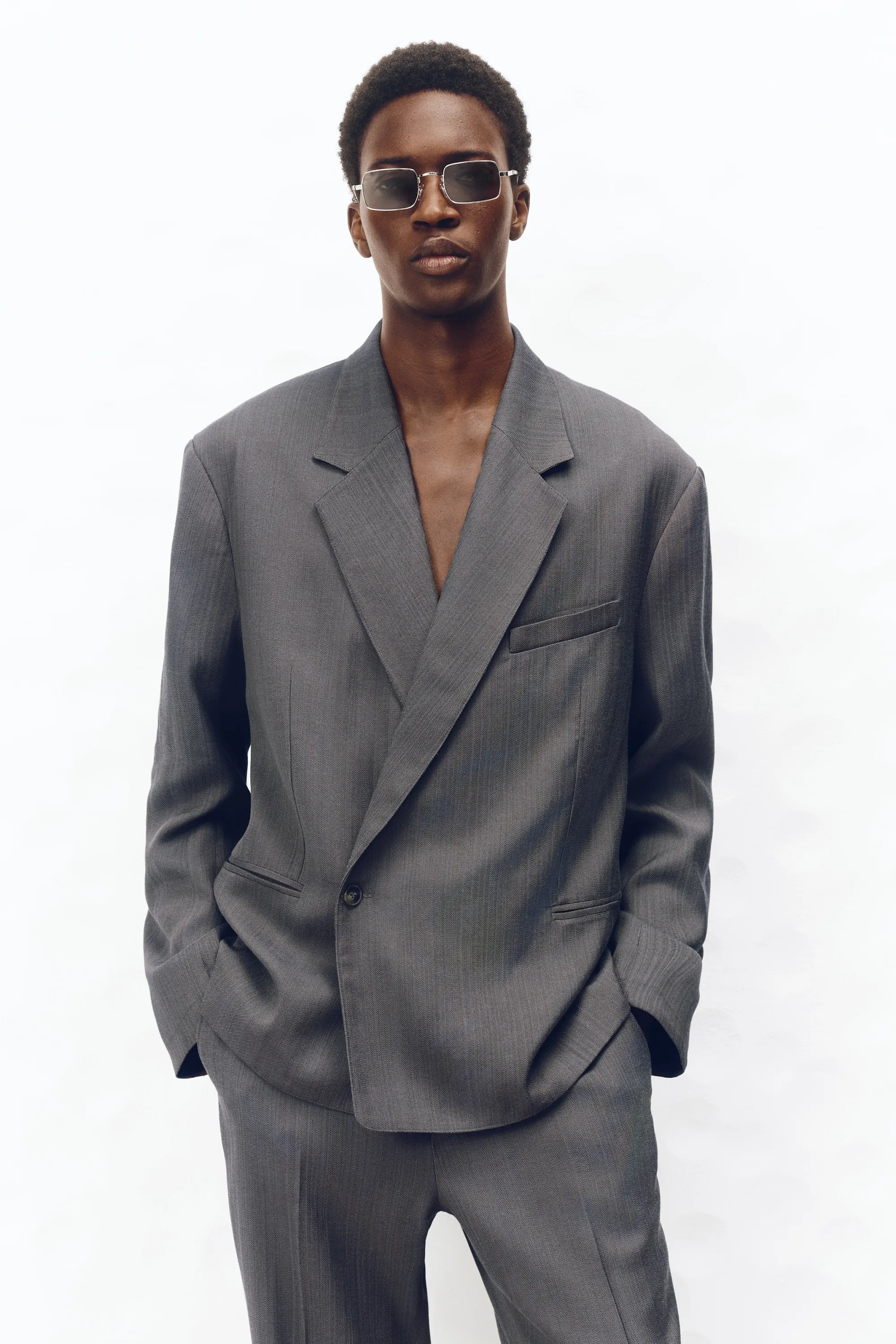 Veste de costume Loose Fit en laine mélangée - Gris foncé