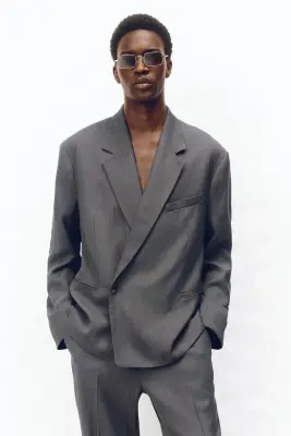 Veste de costume Loose Fit en laine mélangée - Gris foncé — photo 1