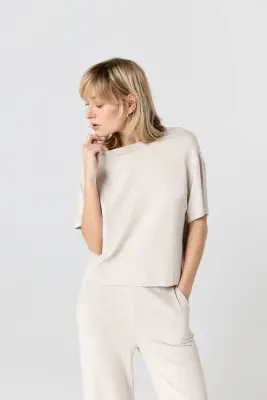 Sweat Beige Col Rond Manches Courtes en Viscose / Elasthanne — photo 2