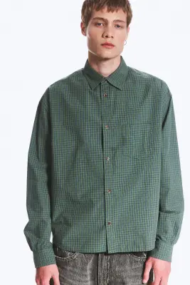 Chemise carrée à manches longues en popeline de coton - Carreaux verts — photo 2