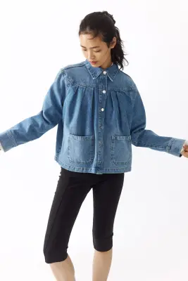Veste oversize plissée en denim - Bleu denim clair — photo 2