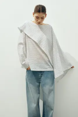 Blouse en seersucker avec cape - Blanc/carreaux — photo 1