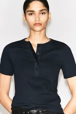 T-SHIRT HENLEY CÔTELÉ - BLEU MARINE — photo 3