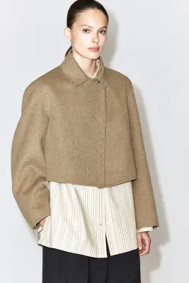 VESTE OVERSIZE COURTE EN LAINE DOUBLE FACE - SABLE — photo 1