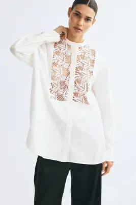 Oversized embroidered shirt - Crème — photo 1