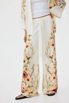 Pantalon en viscose avec cordon de serrage - Crème/fleuri — photo 1