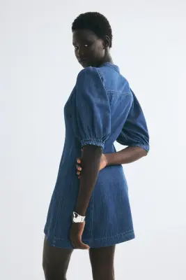 Robe en denim avec manches bouffantes - Bleu denim — photo 1