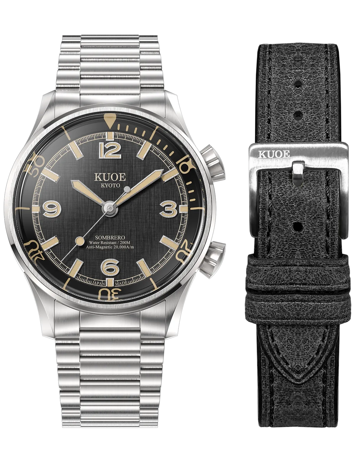 KUOE SOMBRERO 90-011 BLACK LINEN TEXTURED DIAL FLAT-LINK BRACELET