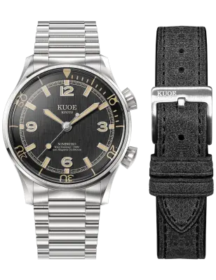 KUOE SOMBRERO 90-011 BLACK LINEN TEXTURED DIAL FLAT-LINK BRACELET — photo 1