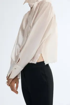 Chemise brodée avec nœud - Beige clair — photo 4