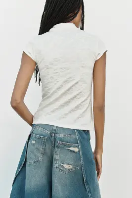 Top en jersey jacquard avec détail boutonné - Blanc — photo 3