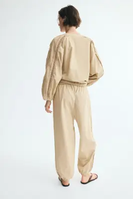 Pantalon en lin mélangé avec dentelle - Beige clair — photo 3