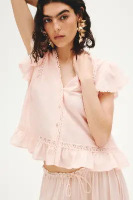 Blouse avec dentelle - Rose pêche clair — photo 1