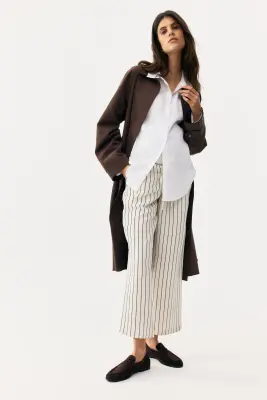 MAMA Pantalon à cordon en lin mélangé - Blanc/rayé — photo 1