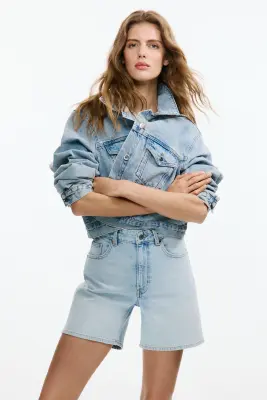 Short taille haute en denim - Bleu denim clair — photo 1