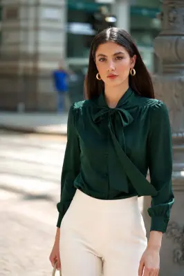 Lena Silk Bow Blouse - Deep green — photo 1