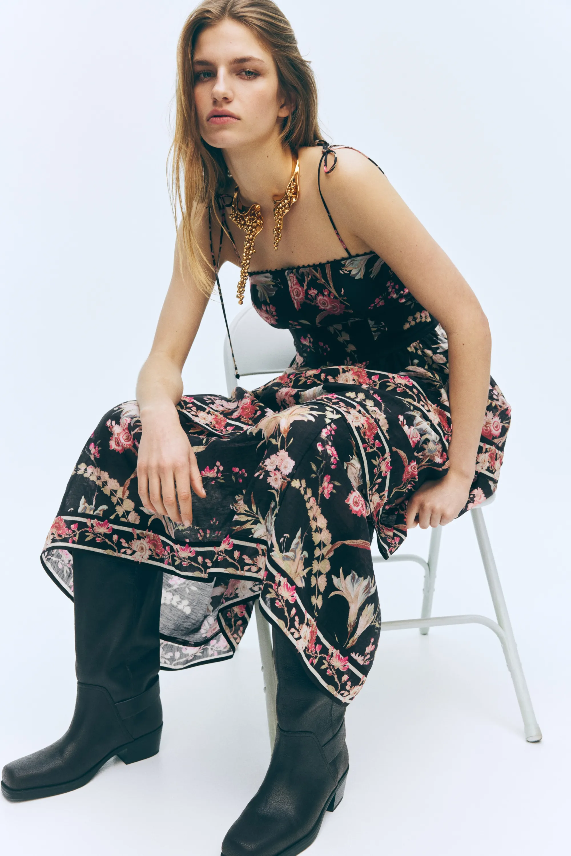 Robe à étages en lin mélangé - Noir/fleuri