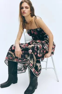Robe à étages en lin mélangé - Noir/fleuri — photo 1