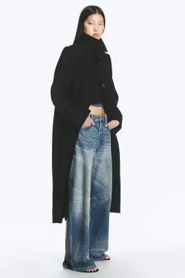 Manteau oversize en laine mélangée à boutonnage simple - Noir — photo 4