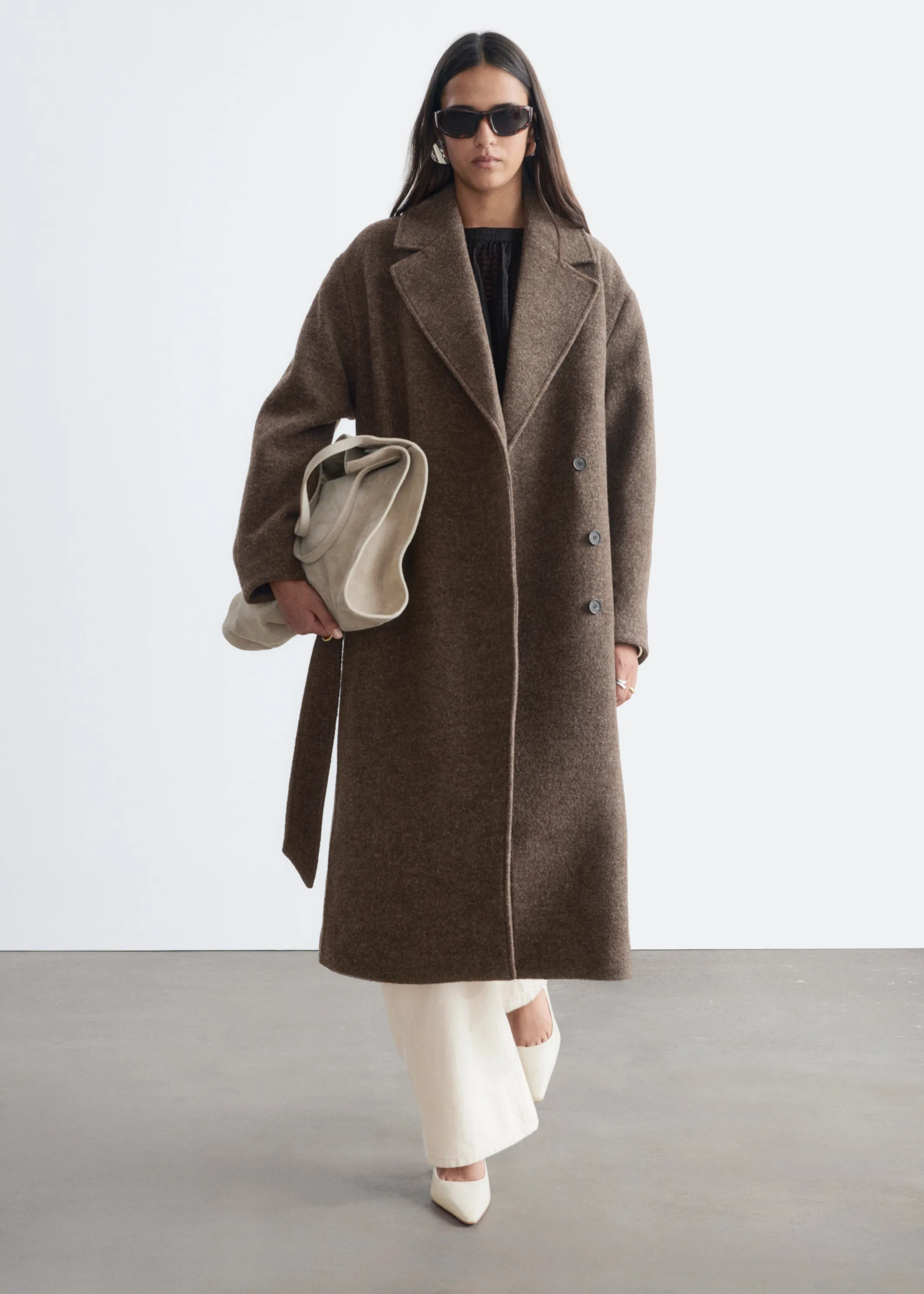 Manteau volumineux en laine avec ceinture - Taupe chiné foncé