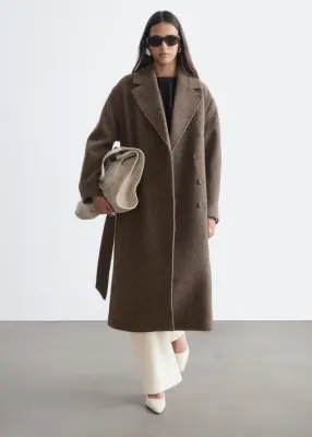 Manteau volumineux en laine avec ceinture - Taupe chiné foncé — photo 1