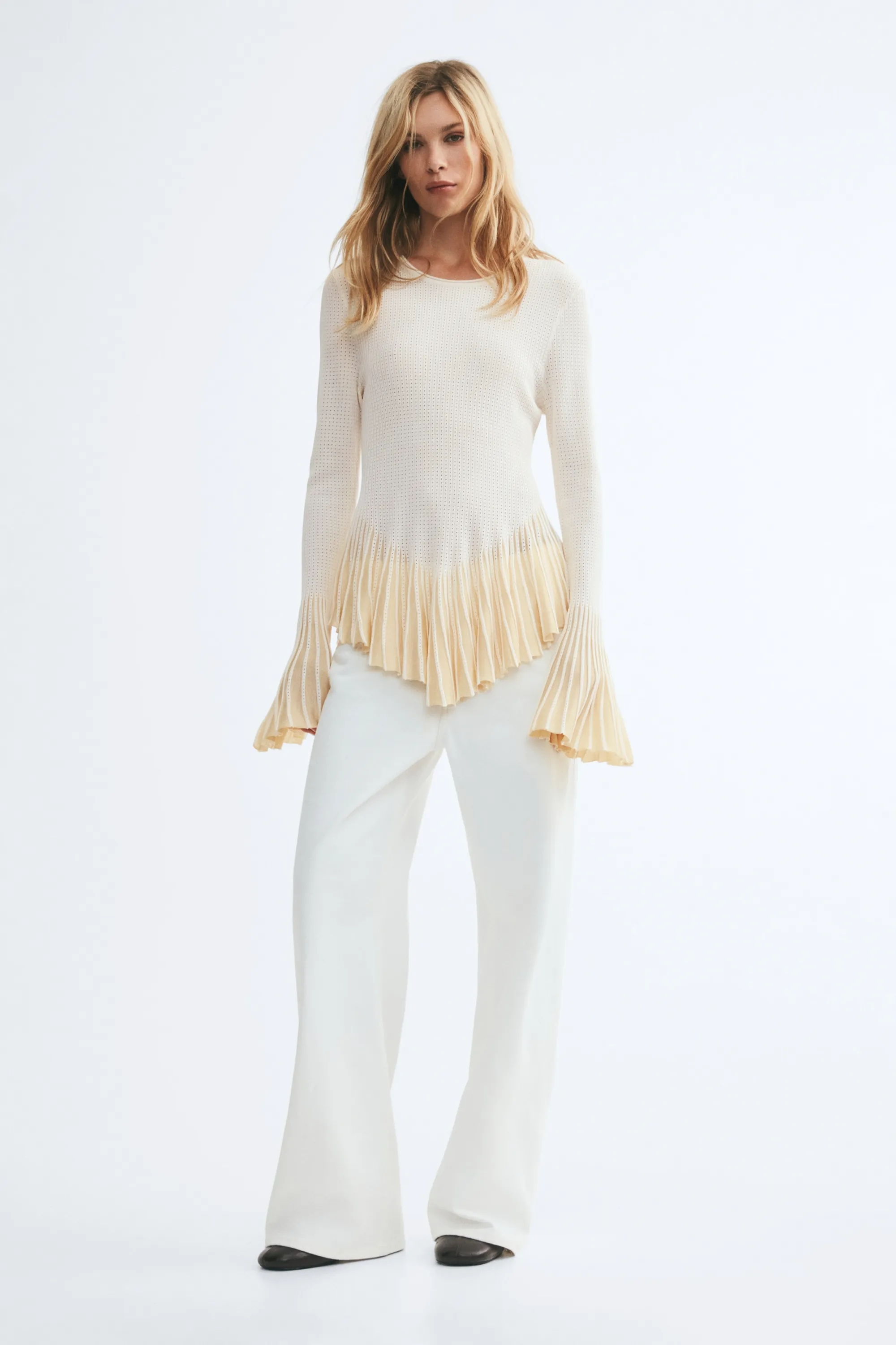 Top volanté en maille pointelle - Crème/beige clair