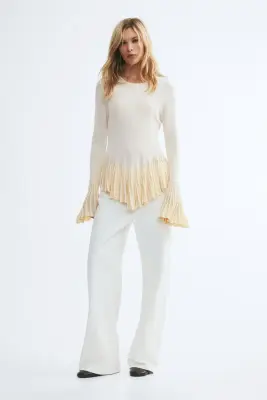 Top volanté en maille pointelle - Crème/beige clair — photo 1