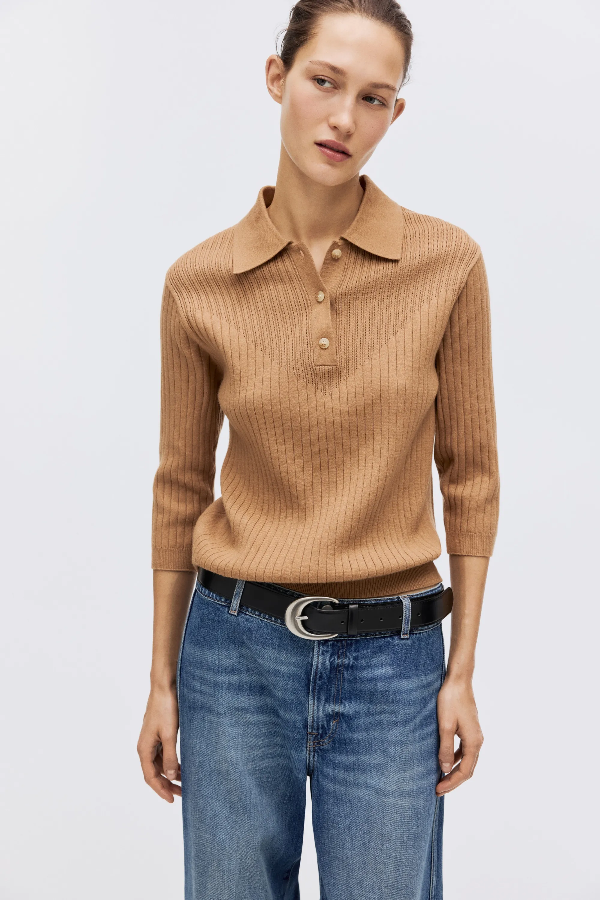 Top en maille côtelée - Beige foncé
