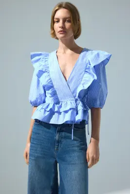 Blouse croisée en popeline - Bleu clair/rayé — photo 1