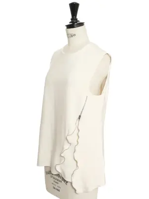 Top col rond sans manche en crêpe de soie 100% blanc crème et zip argent Prix boutique 1300€ Taille S/M — photo 2