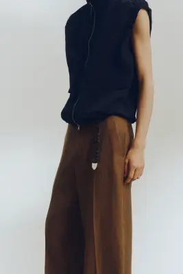 Pantalon Loose Fit en lin mélangé - Marron — photo 4