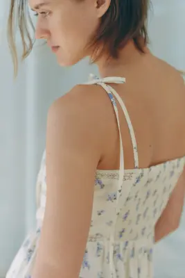 Robe en coton avec bretelles à nouer - Jaune clair/fleuri — photo 3