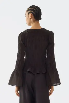 Blouse smockée en coton - Marron foncé — photo 3