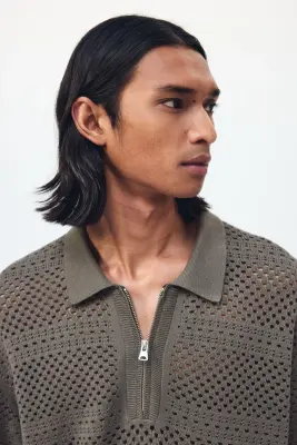Polo Relaxed fit en maille ajourée - Taupe foncé — photo 2