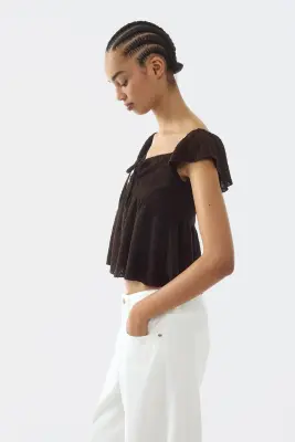 Blouse en jersey pointelle - Marron foncé — photo 3