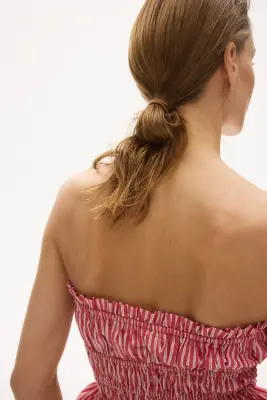 Top bandeau en coton avec cordon de serrage - Rouge/rayures blanches — photo 2