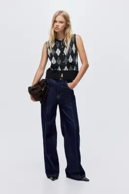 Gilet jacquard sans manches en laine mélangée - Noir/motif argyle — photo 2