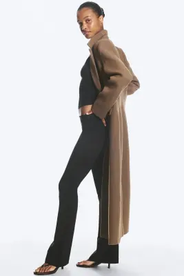 Manteau ajusté en mélange de laine à boutonnage simple - Marron poudré chiné — photo 2
