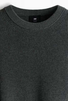 Pull Regular Fit en maille de coton côtelée - Gris foncé — photo 5
