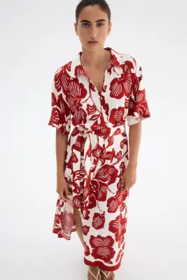 Robe chemise avec ceinture à nouer - Blanc/rouge/fleuri — photo 2