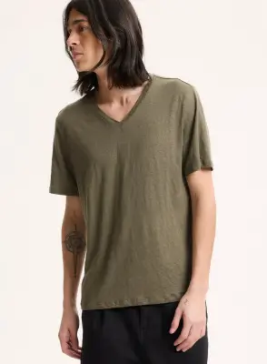T-shirt Vert Col V Manches Courtes en Lin / Elasthanne